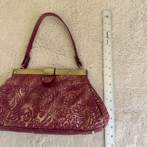 Kisslock Shoulder Bag Tooled Leather Paisley Purple Gold Satchel Boho Whimsygoth - Picture 6 of 9